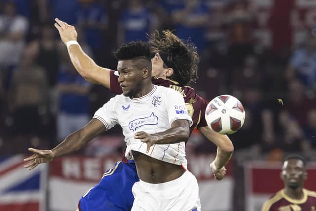 Rangers' Jose Cifuentes, and Servette's Enzo Crivelli battle for the ball during the Champions League qualifying second leg. An encounter that brought a 1-1 draw o send the Ibrox men through on aggregate on a night that left manager Michael Beale conceding the need for his men to step up a level in the play-off round against PSV Eindhoven. (Laurent Gillieron/Keystone via AP)