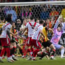 Airdrie's Callum Fordyce hits the bar late on with a chance against Partick Thistle.