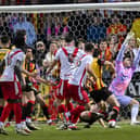 Airdrie's Callum Fordyce hits the bar late on with a chance against Partick Thistle.