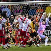 Airdrie's Callum Fordyce hits the bar late on with a chance against Partick Thistle.