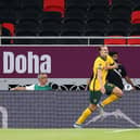 Jackson Irvine of Australia celebrates opening the scoring against the UAE.