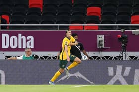 Jackson Irvine of Australia celebrates opening the scoring against the UAE.