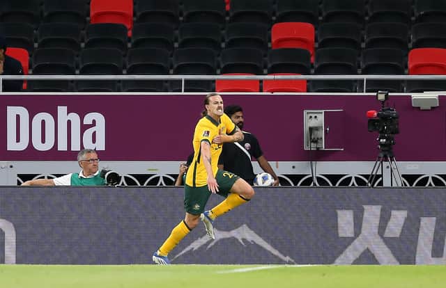 Jackson Irvine of Australia celebrates opening the scoring against the UAE.