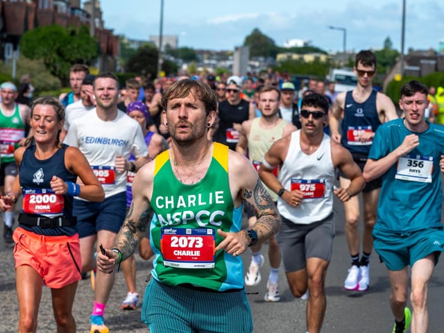 Edinburgh Marathon runners at the four mile mark in the Craigentinny area of the City