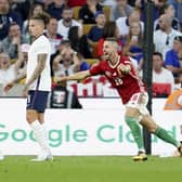 Hungary's Zsolt Nagy, center, jubilates after scoring his sides third goal against England.