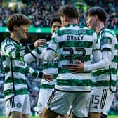 Celtic's Kyogo Furuhashi celebrates with Yang Hyun-Jun, Matt O'Riley and Odin Thiago Holm during the win over Aberdeen.