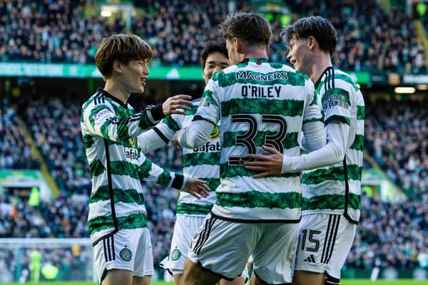 Celtic's Kyogo Furuhashi celebrates with Yang Hyun-Jun, Matt O'Riley and Odin Thiago Holm during the win over Aberdeen.