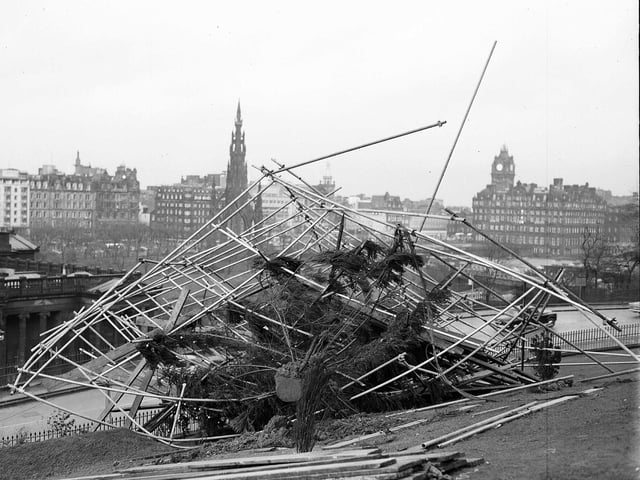 The Christmas tree at Edinburgh's Mound was blown down by a gale in December 1962.