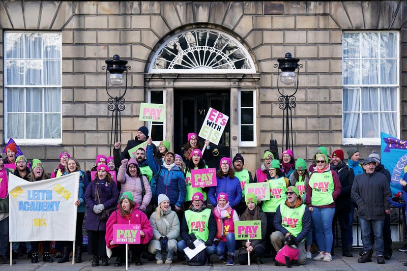 Members of the EIS demonstrate outside Bute House in Edinburgh as teachers from secondary schools around Scotland are shut as members of the EIS and SSTA unions take strike action in a dispute over pay. Picture date: Wednesday January 11, 2023.