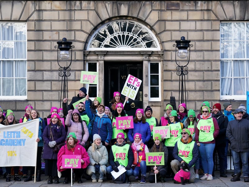 Members of the EIS demonstrate outside Bute House in Edinburgh as teachers from secondary schools around Scotland are shut as members of the EIS and SSTA unions take strike action in a dispute over pay. Picture date: Wednesday January 11, 2023.