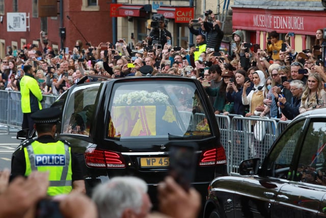 The Queen's coffin travels along Canongate Old Town, Edinburgh, On its way to the Palace of Holyroodhouse