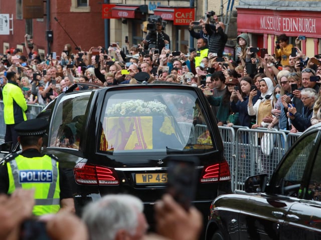 The Queen's coffin travels along Canongate Old Town, Edinburgh, On its way to the Palace of Holyroodhouse