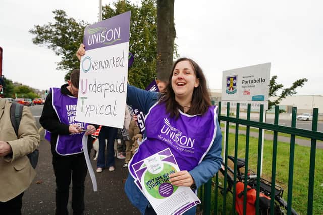 School support workers, who are members of Unison, on the picket line at Portobello High School in Edinburgh. Photo: Jane Barlow/PA Wire