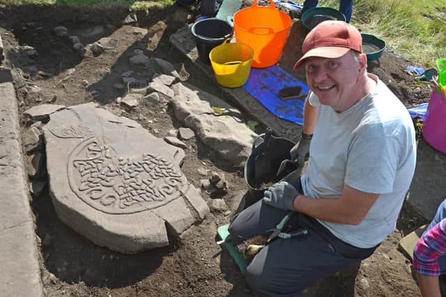 A Pictish cross thought to be up to 1,500 years old has been found at Old Kilmadock Kirkyard near Doune, in Perthshire. Picture: Mike Day/Saltire News and Sport