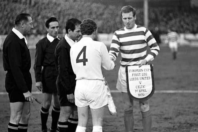 Leeds captain, Billy Bremner, shakes hands with his Celtic counterpart Billy McNeill prior to the 1970 European Cup semi-final.