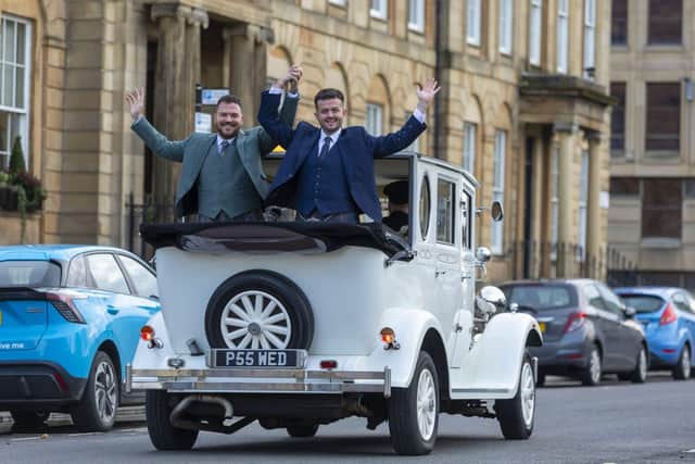 Grooms dressed by MacGregor and MacDuff at Kimpton Blythswood Square Hotel in Carrs Loch Lomond car.