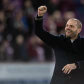 Hearts manager Robbie Neilson leads the celebrations at full time following the 3-0 win over Hibs at Tynecastle. (Photo by Mark Scates / SNS Group)
