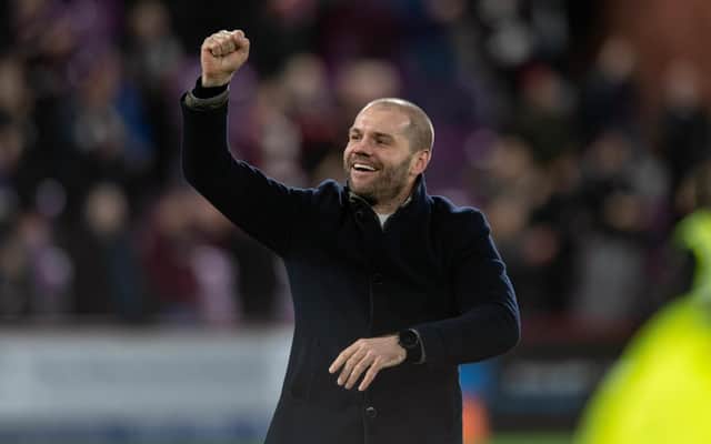 Hearts manager Robbie Neilson leads the celebrations at full time following the 3-0 win over Hibs at Tynecastle. (Photo by Mark Scates / SNS Group)