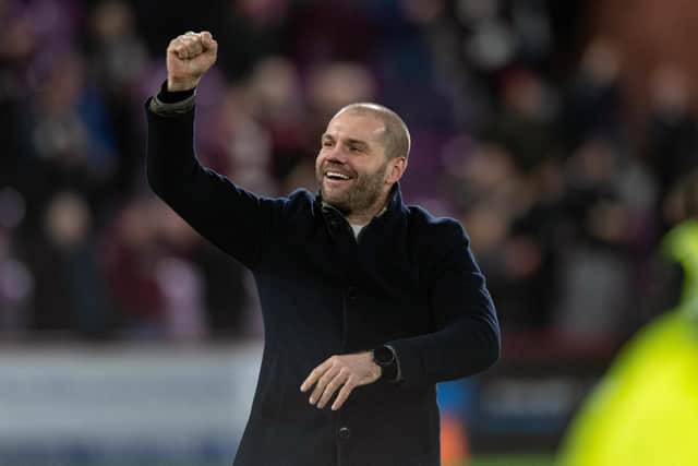 Hearts manager Robbie Neilson leads the celebrations at full time following the 3-0 win over Hibs at Tynecastle. (Photo by Mark Scates / SNS Group)