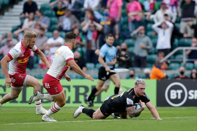 Stuart Hogg came off the bench to score a try for Exeter Chiefs in the Gallagher Premiership final against Harlequins but Quins held on to win 40-38. (Photo by Henry Browne/Getty Images)