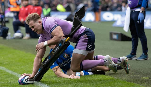Scotland's Duhan Van Der Merwe scores the first try of the match during a Guinness Six Nations match between Scotland and Italy at BT Murrayfield, on March 18, 2023, in Edinburgh, Scotland. (Photo by Craig Williamson / SNS Group)