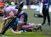 Scotland's Duhan Van Der Merwe scores the first try of the match during a Guinness Six Nations match between Scotland and Italy at BT Murrayfield, on March 18, 2023, in Edinburgh, Scotland.  (Photo by Craig Williamson / SNS Group)