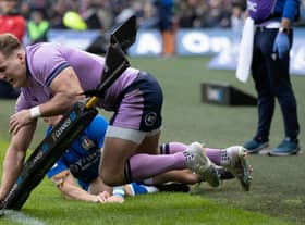 Scotland's Duhan Van Der Merwe scores the first try of the match during a Guinness Six Nations match between Scotland and Italy at BT Murrayfield, on March 18, 2023, in Edinburgh, Scotland.  (Photo by Craig Williamson / SNS Group)