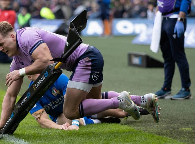 Scotland's Duhan Van Der Merwe scores the first try of the match during a Guinness Six Nations match between Scotland and Italy at BT Murrayfield, on March 18, 2023, in Edinburgh, Scotland.  (Photo by Craig Williamson / SNS Group)