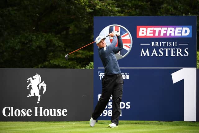 Calum Hill tees off at the first on his way to a four-under-par 67 on the opening day of the Betfred British Masters at Close House. Picture: Ross Kinnaird/Getty Images