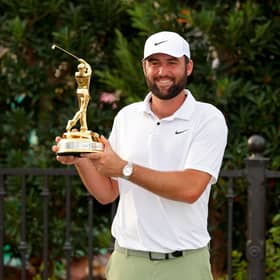 Scottie Scheffler celebrates with the trophy after winning The Players Championship for the second year running at TPC Sawgrass. Picture: Kevin C. Cox/Getty Images.