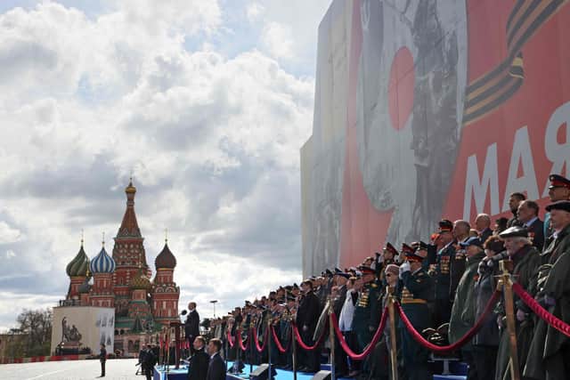 Russian President Vladimir Putin gives a speech during the Victory Day military parade at Red Square in central Moscow on May 9, 2022. - Russia celebrates the 77th anniversary of the victory over Nazi Germany during World War II. (Photo by Mikhail Metzel via Getty Images)
