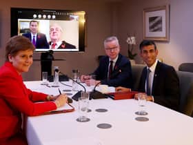 (L - R) First Minister Nicola Sturgeon, Chancellor of the Exchequer Jeremy Hunt (on screen), First Minister of Wales Mark Drakeford (on screen), Cabinet minister Michael Gove and Prime Minister Rishi Sunak pose for a photograph in Blackpool. Picture: Cameron Smith - Pool/Getty Images