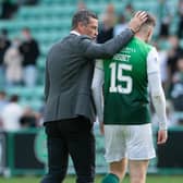 Hibs manager Jack Ross (L) with Kevin Nisbet at full time. The striker opened the scoring for the Easter Road side in their 2-0 Premiership win over Livingston. Photo by Ross Parker / SNS Group