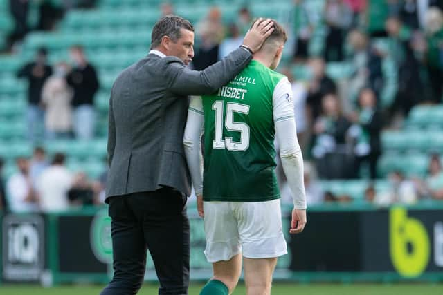 Hibs manager Jack Ross (L) with Kevin Nisbet at full time. The striker opened the scoring for the Easter Road side in their 2-0 Premiership win over Livingston. Photo by Ross Parker / SNS Group