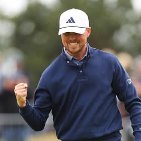 Richard Mansell celebrates holing a birdie putt to match the course record with a 61 on day four of the Genesis Scottish Open at The Renaissance Club. Picture: Andrew Redington/Getty Images.