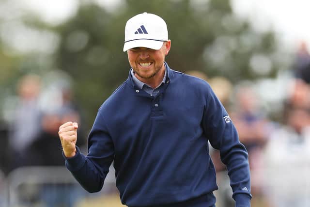 Richard Mansell celebrates holing a birdie putt to match the course record with a 61 on day four of the Genesis Scottish Open at The Renaissance Club. Picture: Andrew Redington/Getty Images.