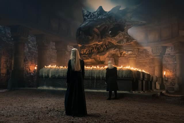 Viserys Targaryen (Paddy Considine) tells Rhaenyra Targaryen (Milly Alcock) about Aegon's dream in House of the Dragon