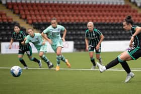 Amy Gallagher tucks away her penalty against former side Hibs (Photo by Craig Williamson / SNS Group)