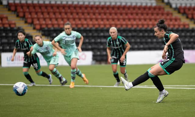 Amy Gallagher tucks away her penalty against former side Hibs (Photo by Craig Williamson / SNS Group)