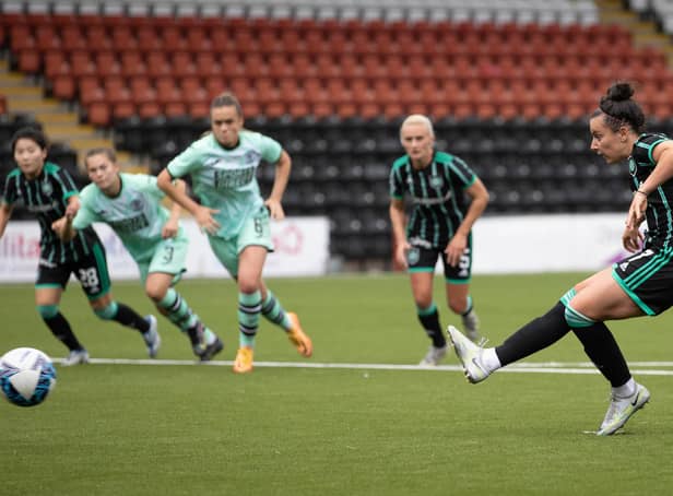 Amy Gallagher tucks away her penalty against former side Hibs (Photo by Craig Williamson / SNS Group)