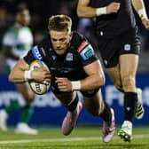 Kyle Steyn scores Warriors' first try of the match during the BKT United Rugby Championship win over Benetton at Scotstoun Stadium. (Photo by Craig Williamson / SNS Group)