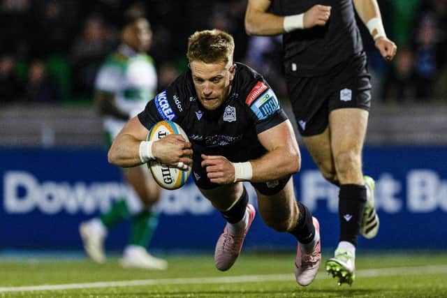 Kyle Steyn scores Warriors' first try of the match during the BKT United Rugby Championship win over Benetton at Scotstoun Stadium. (Photo by Craig Williamson / SNS Group)