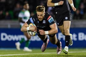 Kyle Steyn scores Warriors' first try of the match during the BKT United Rugby Championship win over Benetton at Scotstoun Stadium. (Photo by Craig Williamson / SNS Group)