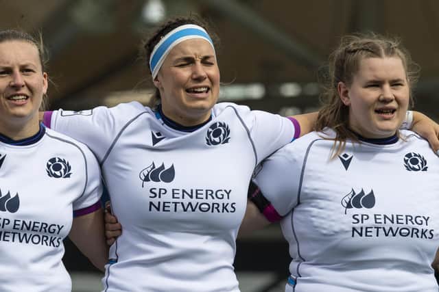 Scotland captain Rachel Malcolm, centre, flanked by Sarah Law and Leah Bartlett. (Photo by Ross MacDonald / SNS Group)