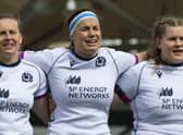 Scotland captain Rachel Malcolm, centre, flanked by Sarah Law and Leah Bartlett. (Photo by Ross MacDonald / SNS Group)