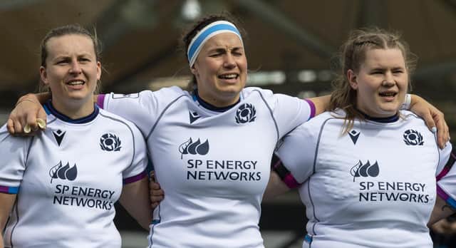 Scotland captain Rachel Malcolm, centre, flanked by Sarah Law and Leah Bartlett. (Photo by Ross MacDonald / SNS Group)