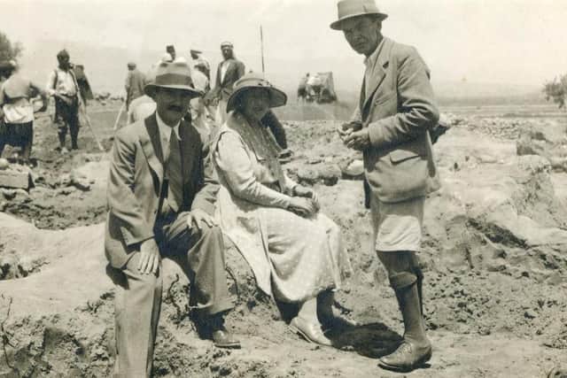 Max Mallowan, Agatha Christie and Leonard Woolley in the 1930s in Al Mina, Syria.