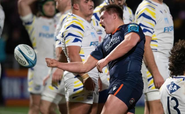 Edinburgh substitute Paddy Harrison celebrates his match-winning try. (Photo by Mark Scates / SNS Group)