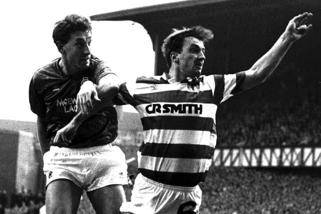 A classic Old Firm contest at Ibrox Stadium involving Rangers' Terry Butcher (left)