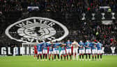 Rangers' players observe a minute's silence for legendary manager Walter Smith who passed away aged 73,  during a Cinch Premiership match between Rangers and Aberdeen at Ibrox stadium, on October 26, 2021, in Glasgow, Scotland. (Photo by Alan Harvey / SNS Group)